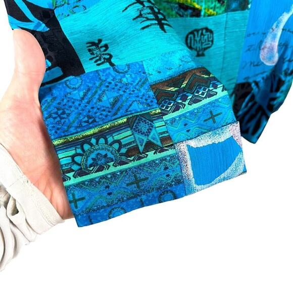 Chico's Oriental Art-to-Wear Patchwork Silk Linen Blazer Jacket Turquoise SZ 4 - Picture 3 of 15